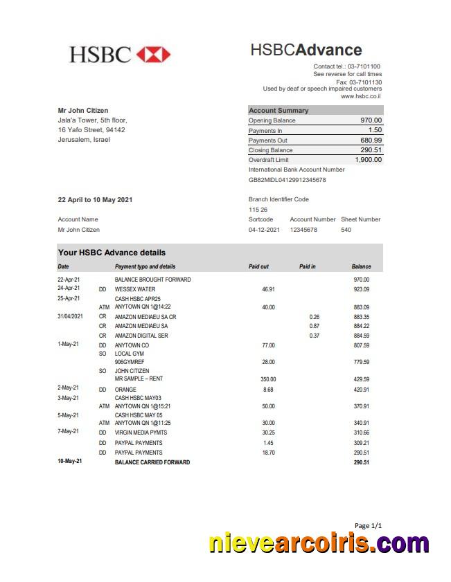 Israel HSBC bank statement easy to fill in Excel and PDF format